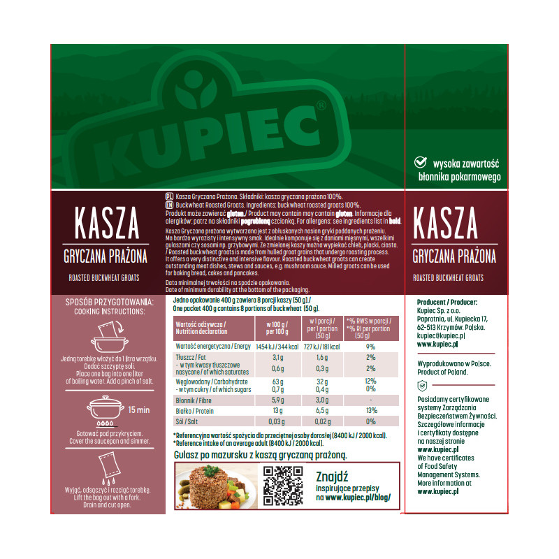 Kupiec KASZA GRYCZANA PRAŻONA 4x100g 400g 0,4KG gotowe w 15minut