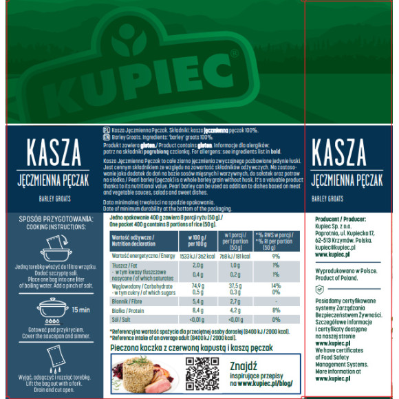 Kupiec KASZA JĘCZMIENNA PĘCZAK 4x100g 400g 0,4KG gotowe w 15minut