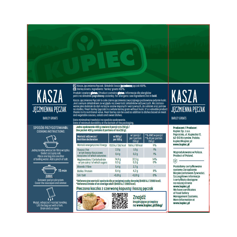 Kupiec KASZA JĘCZMIENNA PĘCZAK 4x100g 400g 0,4KG gotowe w 15minut