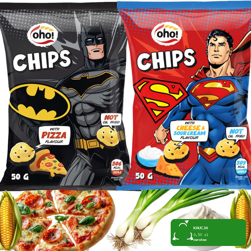 OHO! CHIPSY KUKURYDZIANE O SMAKU PIZZY + SEROWO ŚMIETANKOWE 50g x2 = 100g