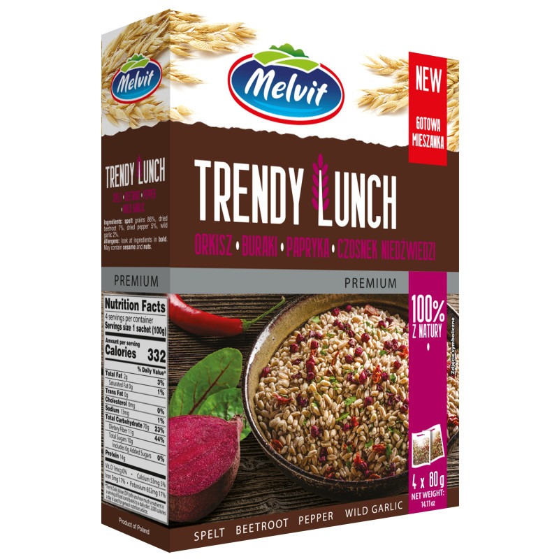 Melvit TRENDY LUNCH ORKISZ BURAK PAPRYKA CZOSNEK NIEDŹWIEDZI mieszanka 320g / różowa