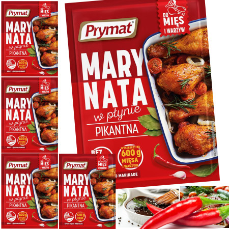 Prymat MARYNATA W PŁYNIE PIKANTNA DO MIĘS I WARZYW na 0,6KG mięsa 66ml x5 = 0.33 L