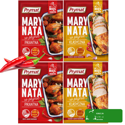Prymat MARYNATA W PŁYNIE PIKANTNA + KLASYCZNA na 0,6KG mięsa 66ml x4 = 0,26L