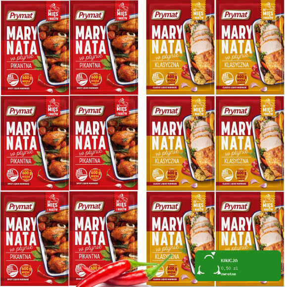 Prymat MARYNATA W PŁYNIE PIKANTNA + KLASYCZNA na 0,6KG mięsa 66ml x12 = 0,79L