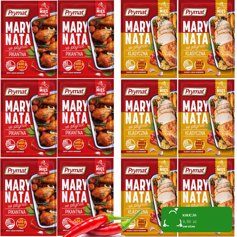 Prymat MARYNATA W PŁYNIE PIKANTNA + KLASYCZNA na 0,6KG mięsa 66ml x12 = 0,79L