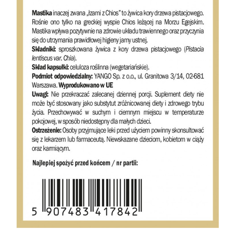 Yango MASTIKA 480mg 60 kapsułek wsparcie: UKŁAD POKARMOWY TRAWIENNY
