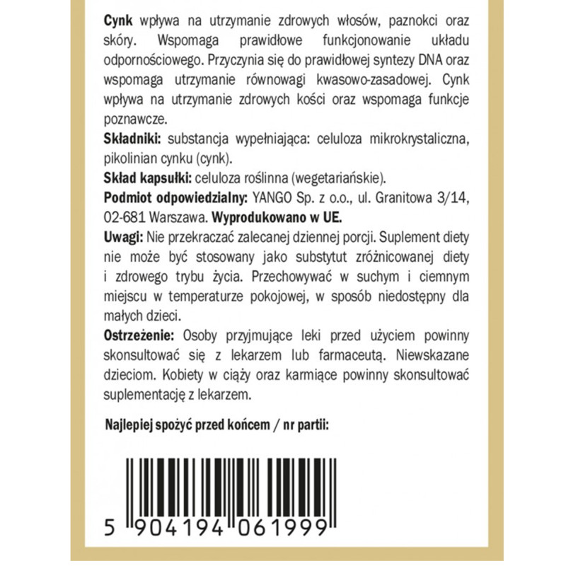 Yango CYNK FORMA ORGANICZNA wsparcie ODPORNOŚĆ PŁODNOŚĆ SKÓRA WŁOSY 90kaps.