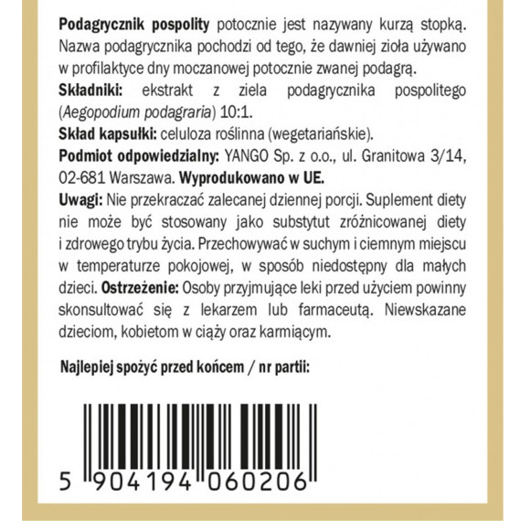 Yango PODAGRYCZNIK POSPOLITY 420mg wprarcie TRAWIENIE DNA MOCZANOWA 90 kaps