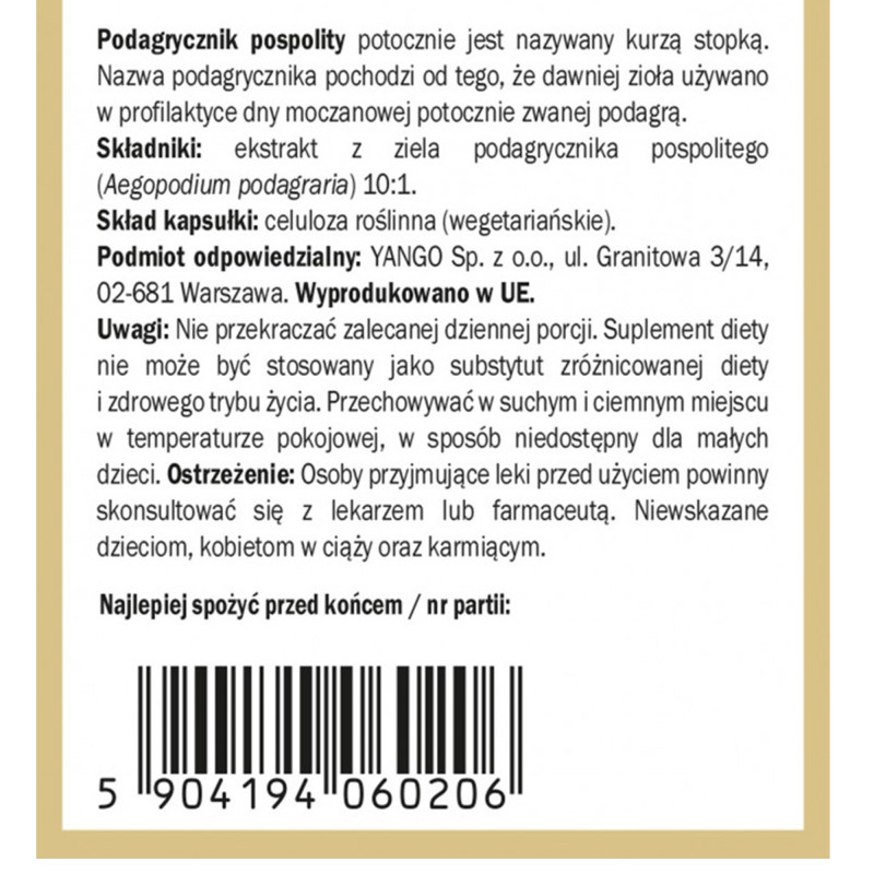 Yango PODAGRYCZNIK POSPOLITY 420mg wprarcie TRAWIENIE DNA MOCZANOWA 90 kaps