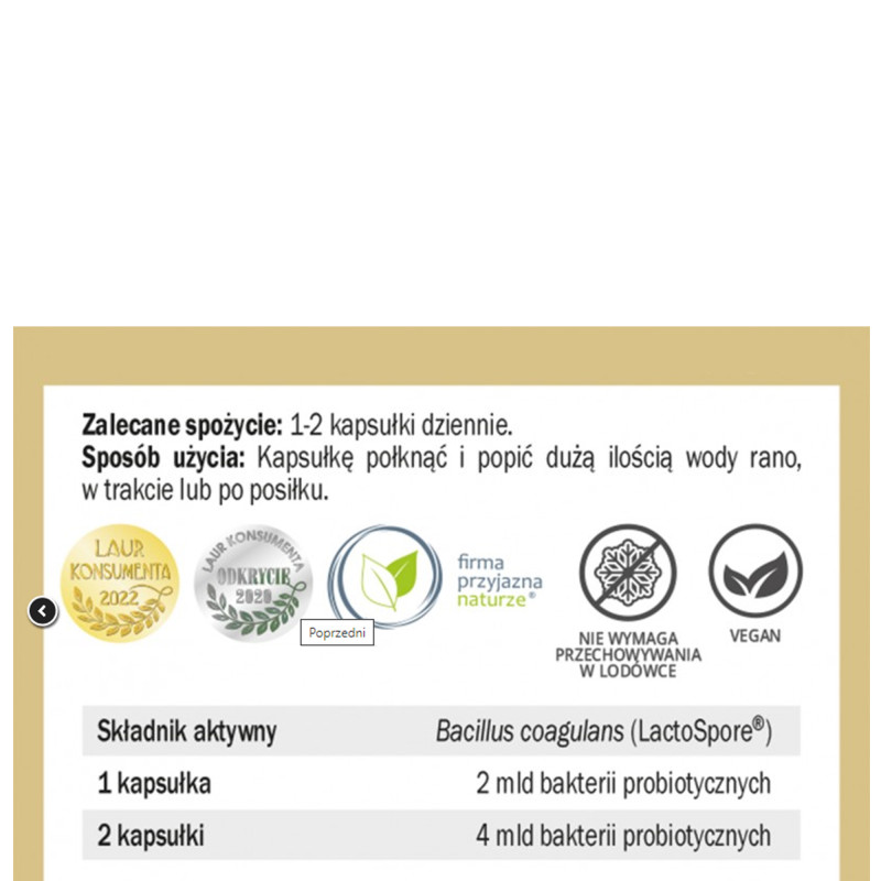 Yango PROBIOTYK BC-2 Bacillus Coagulans LactoSpore 2 mld CFU Wege 60 kaps.