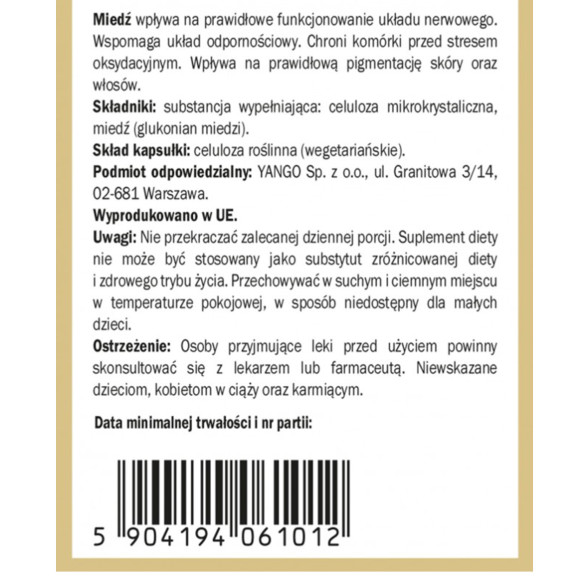Yango MIEDŹ FORMA ORGANICZNA wprawie UKŁAD NERWOWY ODPORNOŚĆ 90 kapsułek