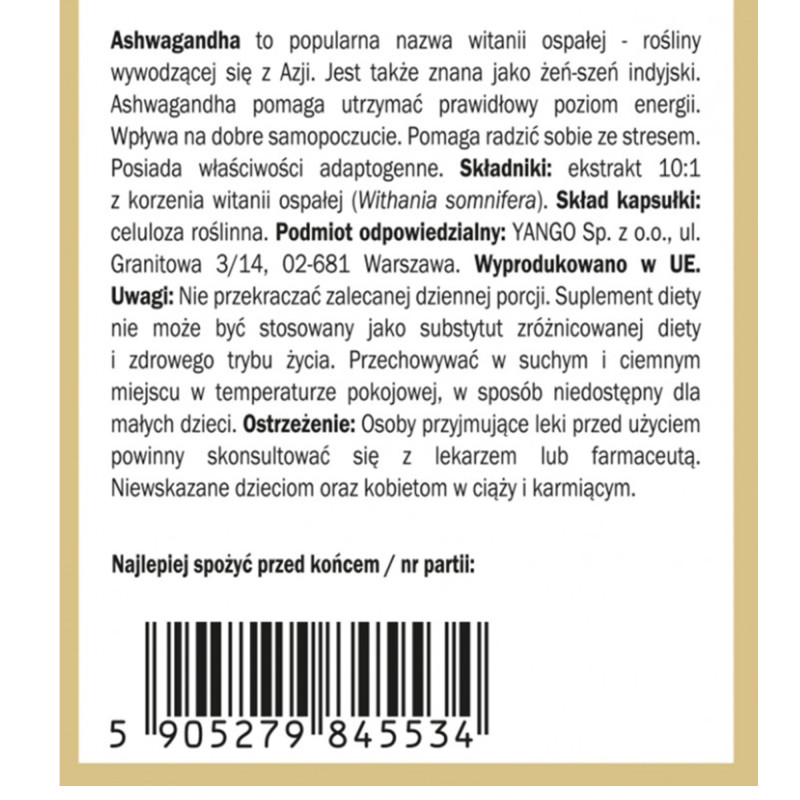 Yango ASHWAGANDHA żeń-szeń indyjski WSPACIE STRES NIEPOKÓJ 90 kapsułek