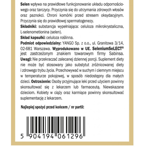 Yango SELEN FORMA ORGANICZNA wsparcie ODPORNOŚĆ TARCZYCA WŁOSY  90 kapsułek