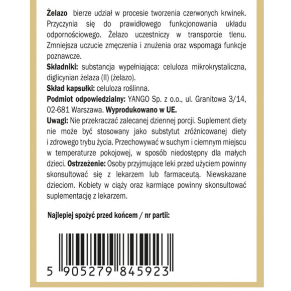 Yango ŻELAZO FE DIGLICYINAN 450mg wsparcie HEMOGLOBINA FERRYTYNA 90 kaps.