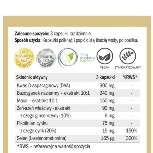 Yango TESTOGAINER 90 kapsułek wsparcie PŁODNOŚC MASA MIĘŚNIOWA KRÓTKA DATA 
