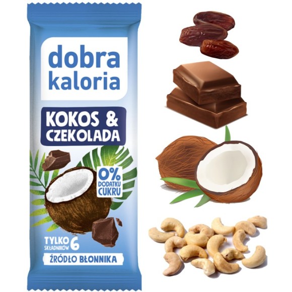 Dobra kaloria BATON KOKOS CZEKOLADA bez cukru 6 SKŁADNIKÓW