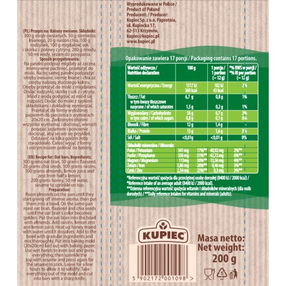Kupiec OTRĘBY OWSIANE 200g 0,2KG dodatek do jogurtów