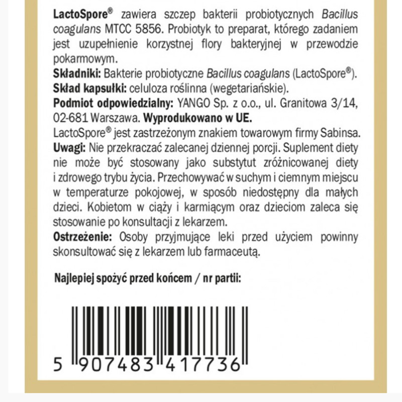 Yango PROBIOTYK BC-12 Bakterie Bacillus Coagulans 30ks IKROFLORA KRÓTKA DATA 