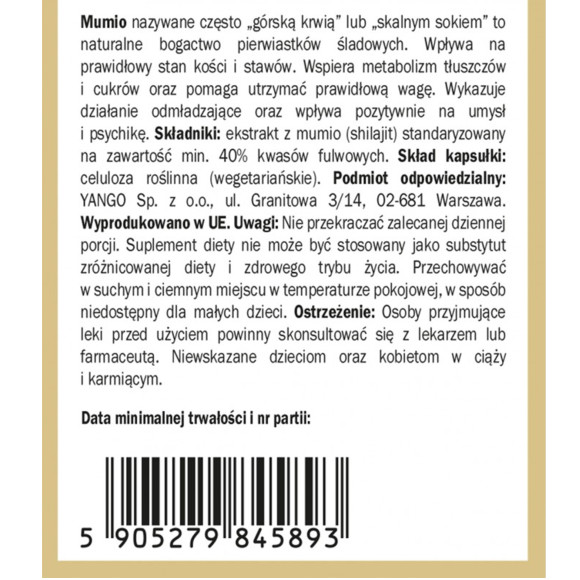 Yango MUMIO SHILAJIT 40% KWASÓW FELUROWYCH wsparcie ODPORNOŚĆ 90 kapsułek