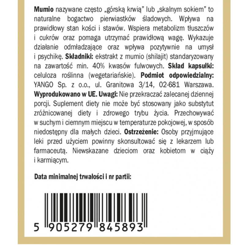 Yango MUMIO SHILAJIT 40% KWASÓW FELUROWYCH wsparcie ODPORNOŚĆ 90 kapsułek