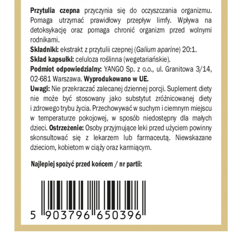 Yango PRZYTULIA CZEPNA 90kaps wsparcie OCZYSZCZANIE DETOKSYKACJA 