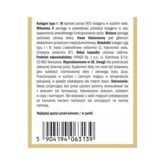 Yango KOLAGEN ANTI-AGE 90kaps KOLAGEN + BIOTYNA + KWAS HIALURONOWY + WIT C