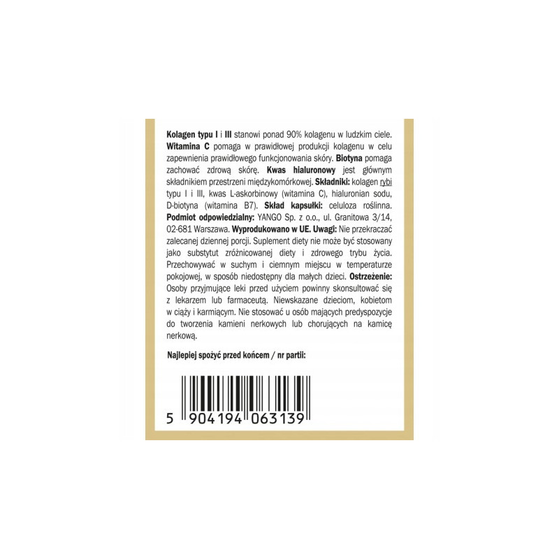 Yango KOLAGEN ANTI-AGE 90kaps KOLAGEN + BIOTYNA + KWAS HIALURONOWY + WIT C