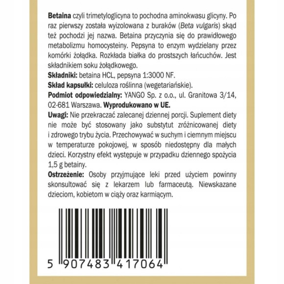 Yango BETAINA HCL + PEPSYNA niska zawart. kwasu sol. w żołądku KRÓTKA DATA 