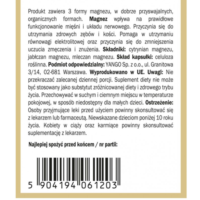 Yango MAGNEZ ORGANICZNY 3 FORMY MLECZAN CYTRYNIAN JABŁCZAN Magnezu 90 kaps