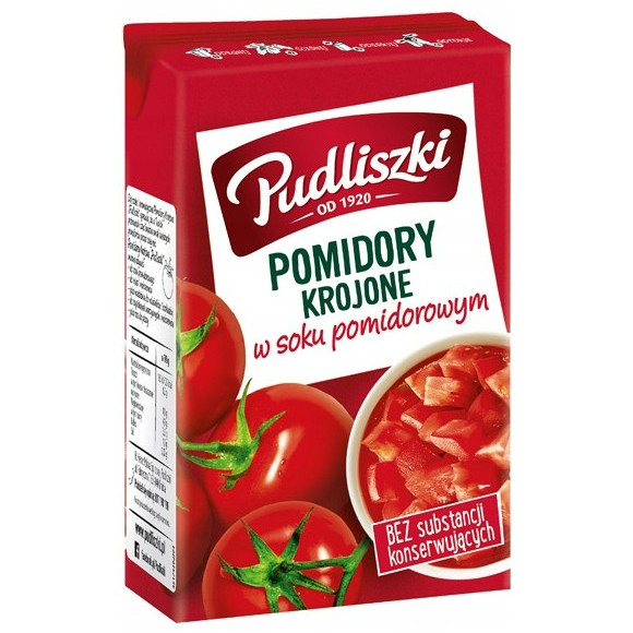 Pudliszki POMIDORY KROJONE w soku pomidorowym 390g karton KRÓTKA DATA