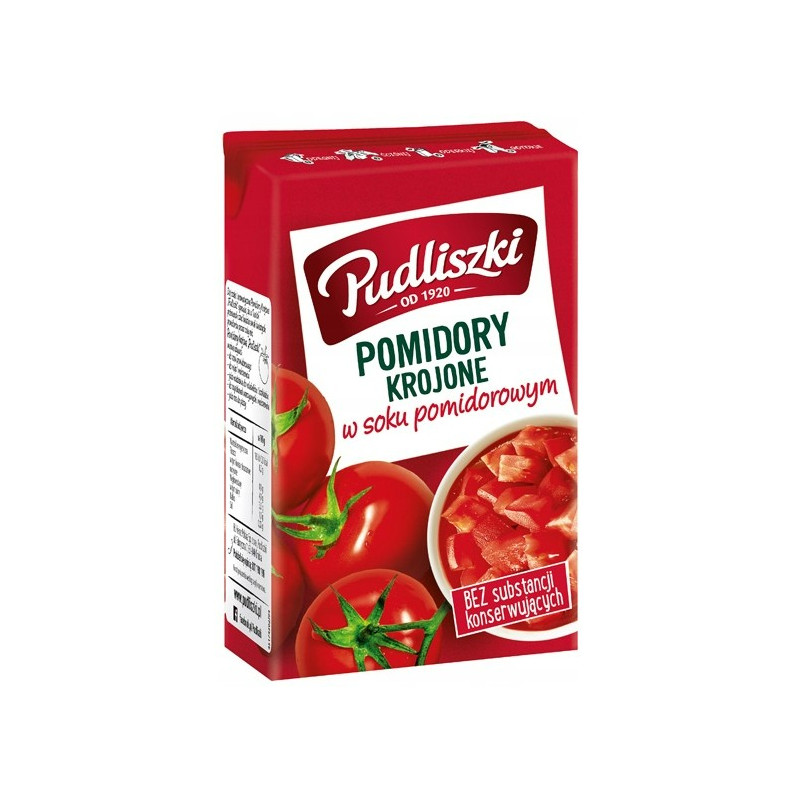 Pudliszki POMIDORY KROJONE w soku pomidorowym 390g karton KRÓTKA DATA