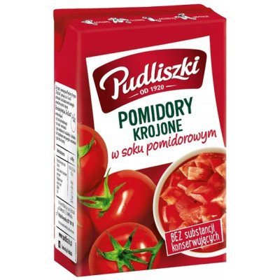 Pudliszki POMIDORY KROJONE w soku pomidorowym 390g karton KRÓTKA DATA