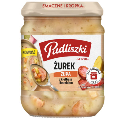 Pudliszki zupa ŻUREK Z KIEŁBASĄ I BOCZKIEM SŁOIK 440g KRÓTKA DATA