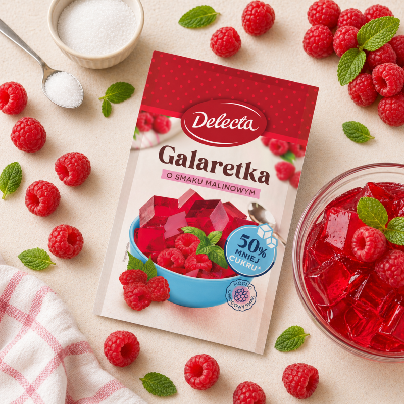  Delecta GALARETKA MALINOWA smak malinowy 50% MNIEJ CUKRU 36G 