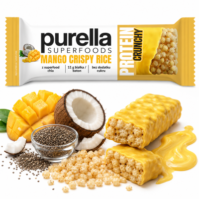 Purella Superfoods BATON PROTEINOWY MANGO CRISPY RICE 45g KRÓTKA DATA 