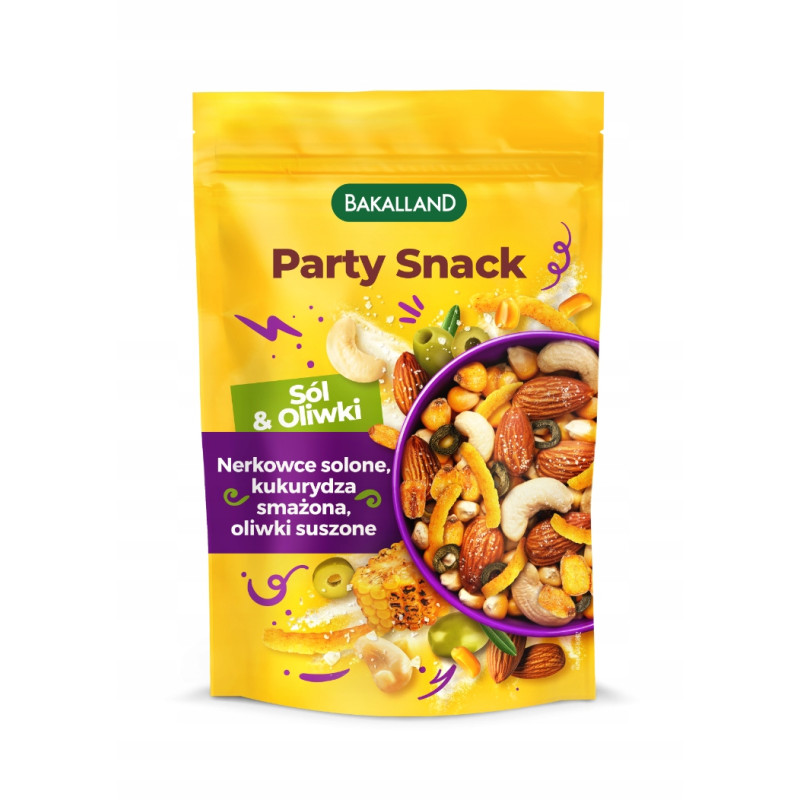 Bakalland PARTY SNACK SÓL I OLIWKI MIX orzechów i kukurydz 170g KRÓTKA DATA