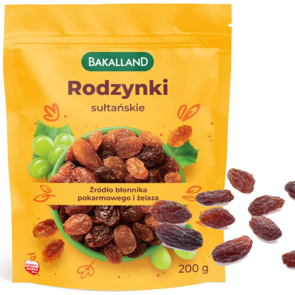 BAKALLAND RODZYNKI SUŁTAŃSKIE 200G błonnik żelazo KRÓTKA DATA 
