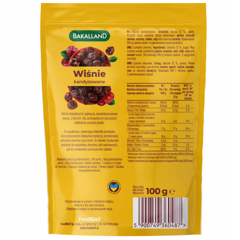 WIŚNIA KANDYZOWANA całe owoce 100g Wiśnie Kandyzowane KRÓTKA DATA
