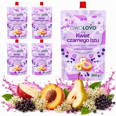 OWOLOVO mus Jabłko-Brzoskwinia o smaku kwiat CZARNEGO BZU 200g x5 = 1kg