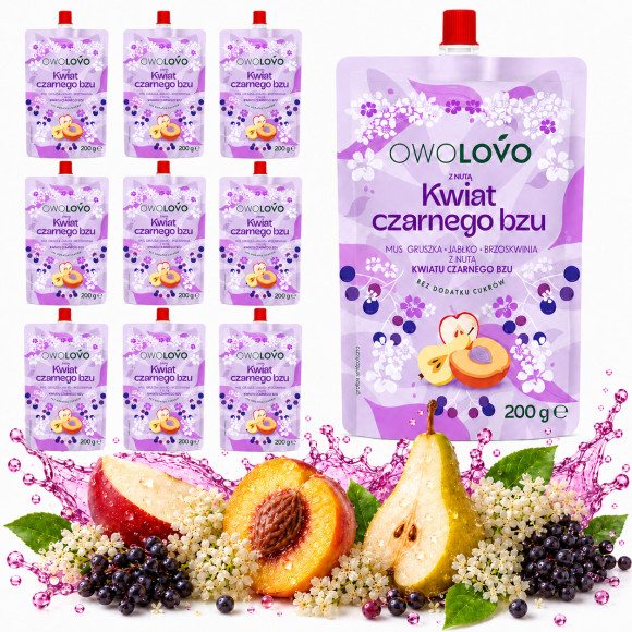 OWOLOVO mus Jabłko-Brzoskwinia o smaku kwiat CZARNEGO BZU 200g x10 = 2kg