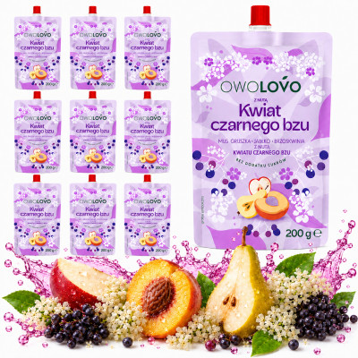 OWOLOVO mus Jabłko-Brzoskwinia o smaku kwiat CZARNEGO BZU 200g x10 = 2kg