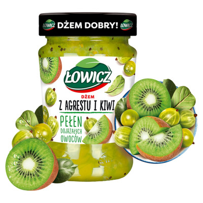 Łowicz DŻEM AGREST I KIWI agrestowi z kiwi NISKOSŁODZONY 280g słoik