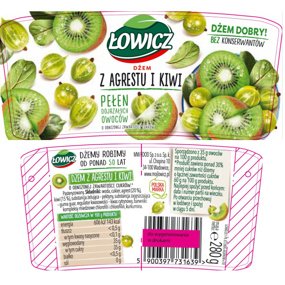 Łowicz DŻEM AGREST I KIWI agrestowi z kiwi NISKOSŁODZONY 280g słoik