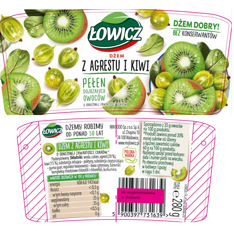 Łowicz DŻEM AGREST I KIWI agrestowi z kiwi NISKOSŁODZONY 280g słoik