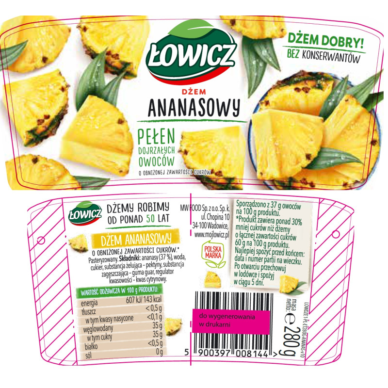 Łowicz DŻEM ANANAS z ananasa NISKOSŁODZONY 280g słoik 