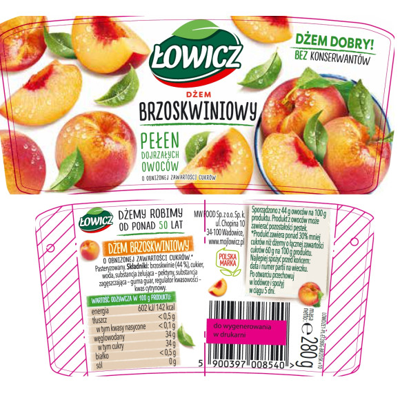 Łowicz DŻEM BRZOSKWINIOWY z brzoskwini NISKOSŁODZONY 280g słoik