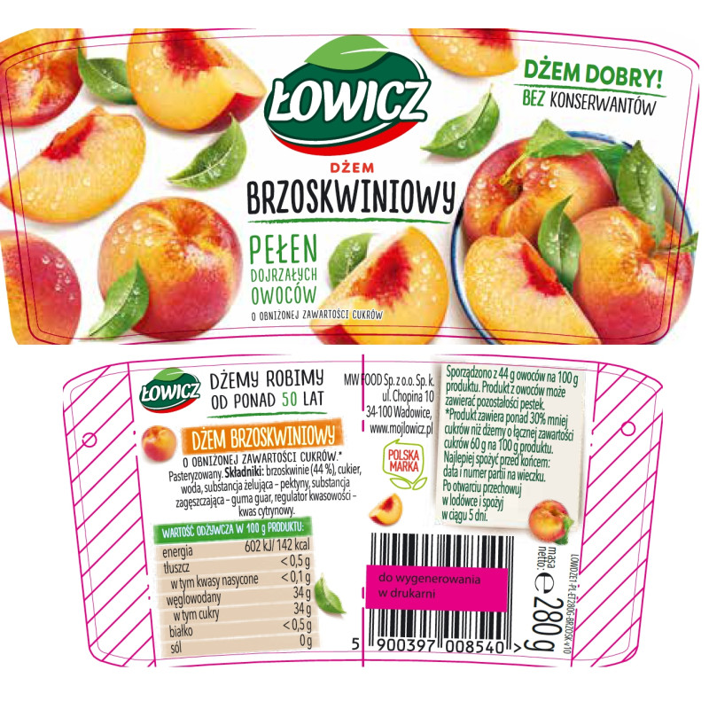 Łowicz DŻEM BRZOSKWINIOWY z brzoskwini NISKOSŁODZONY 280g słoik