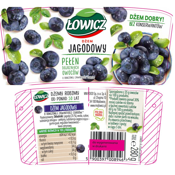Łowicz DŻEM JAGODA JAGODOWY z jagody NISKOSŁODZONY 280g słoik