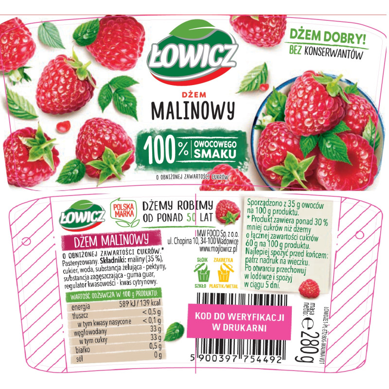 Łowicz DŻEM MALINA MALINOWY NISKOSŁODZONY 280gsłoik 