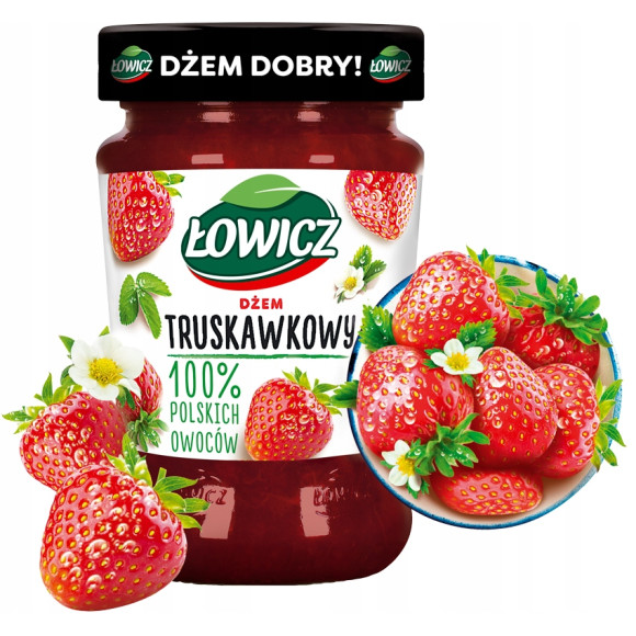 Łowicz DŻEM TRUSKAWKA TRUSKAWKOWY z truskawek NISKOSŁODZONY 280g słoik